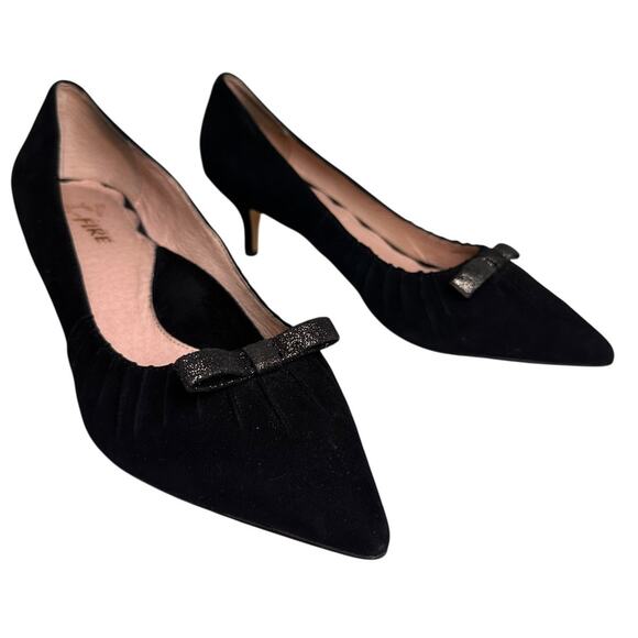 Miss L Fire Marilyn Pointed Toe Black Suede Kitten Heel 1950s Sz 40 Retro Bow EC - Picture 16 of 16